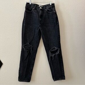 Zara Black Distressed Straight Leg High Waisted Denim Jeans